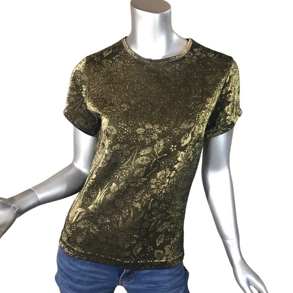 Vintage Small Crew Neck Floral Blouse Metallic Gold Shimmer Stretch Top - Picture 1 of 12
